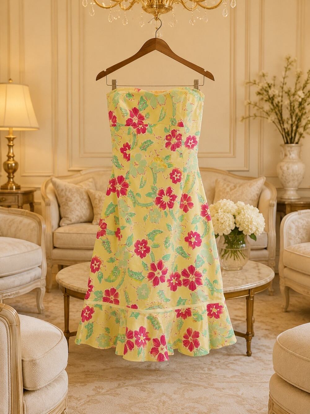 Tibi Yellow Pink Green Floral Strapless Open Back Tie Flounce Mini Dress 2